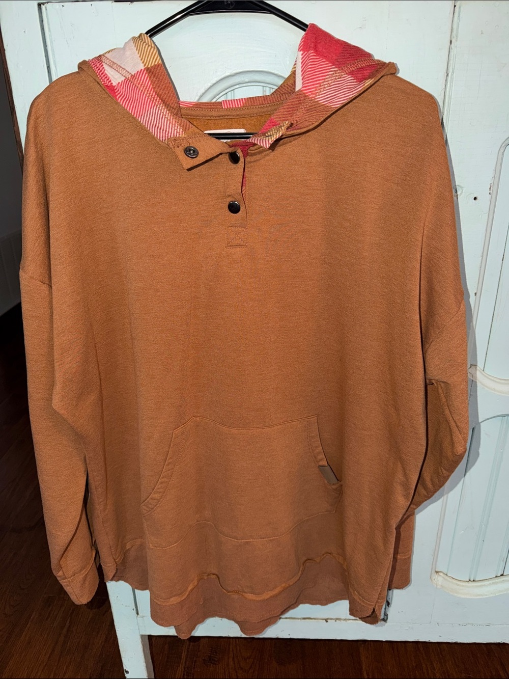 Maurices Burnt Orange Hooded Pullover with Burnt Orange Plaid Hood Trim